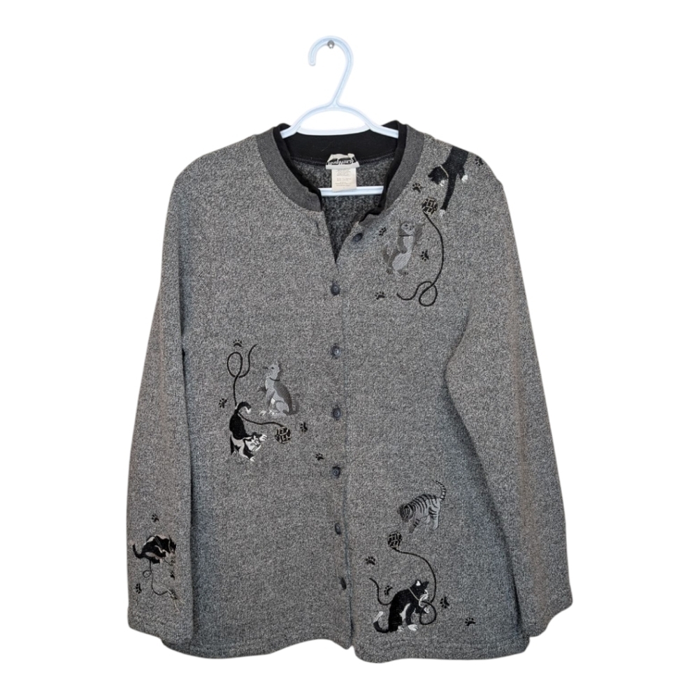 Vintage Bon Worth Woman Large Grandma Cat Embroidered Button Down Cardigan Grey